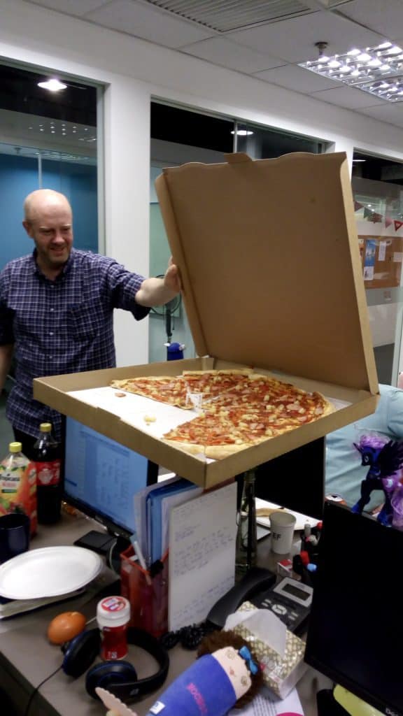 We had a going-away pizza party for a teacher who's leaving. Those are big pizzas!